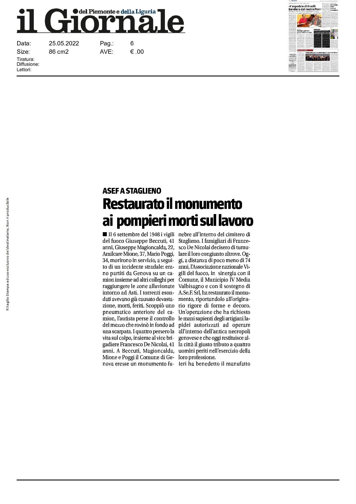 Il Cardinale Bagnasco sul monumento funebre dedicato ai Vigli del Fuoco