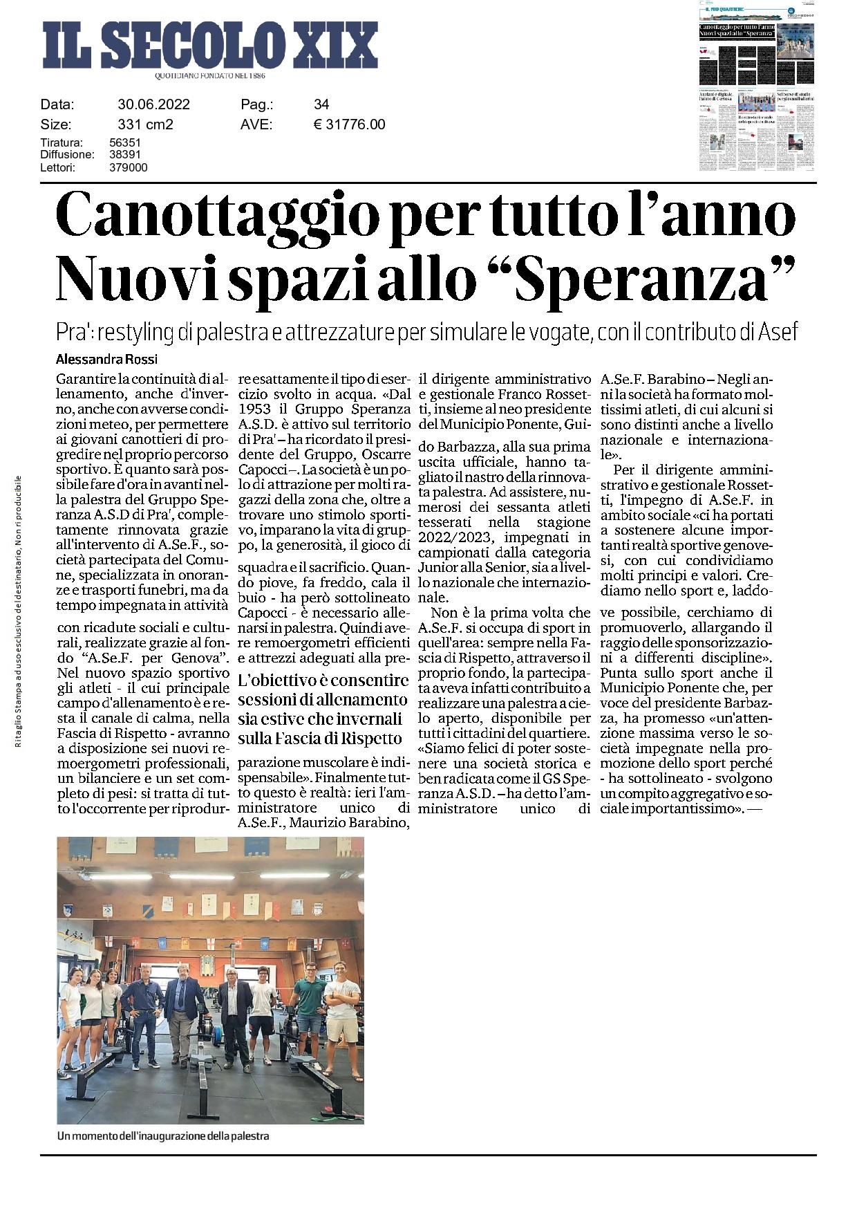 Articolo uscito sul Secolo XIX